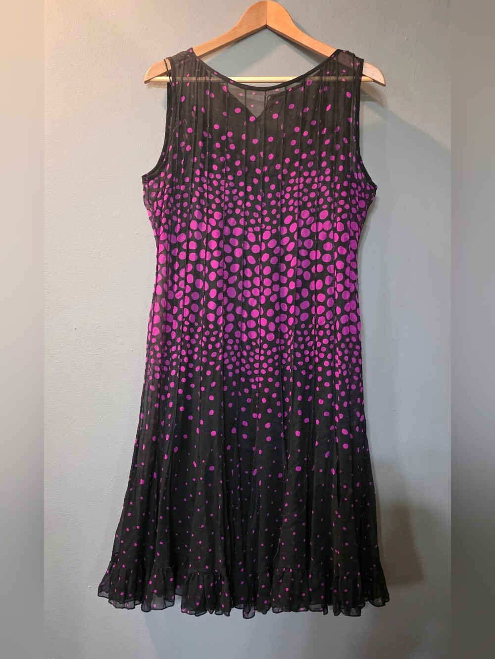 Rickie Freeman For Teri Jon Black W/ Magenta Polka Dots Midi Dress Womens 14 NWT
